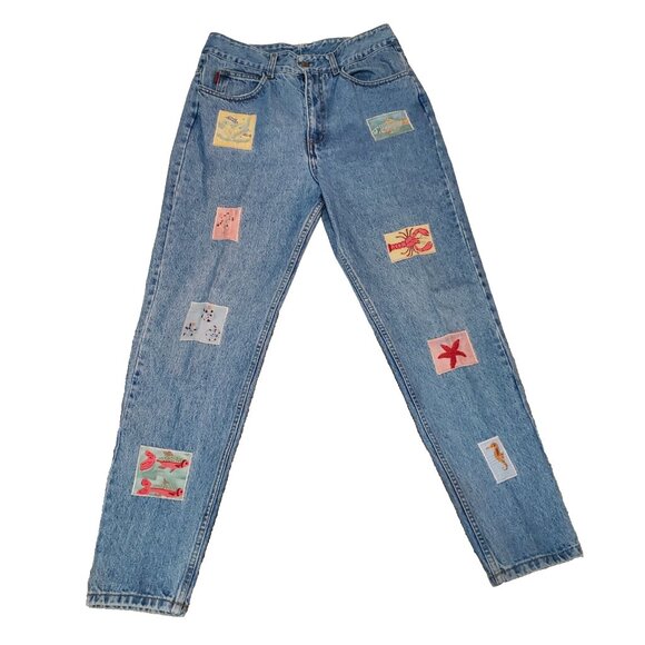 Vintage 90s Gazoz Jeans Size 5 Boho High Waist Sea Life Nautical Ocean Patchwork - Picture 1 of 12